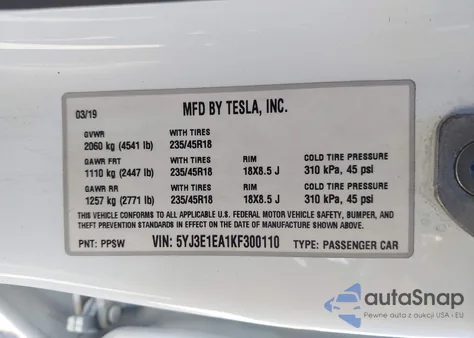 2019 Tesla Model 3 Long Range/Mid Range/Standard Range/Standard Range Plus из США, поврежденный, VIN 5YJ3E1EA1KF300110